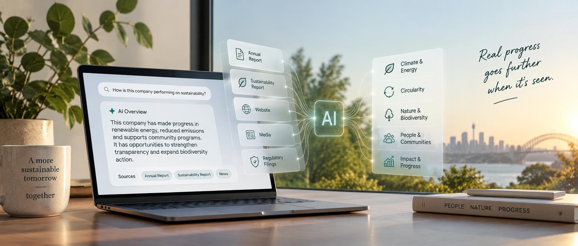 Sustainability evidence from reports, websites and media being interpreted through AI discovery